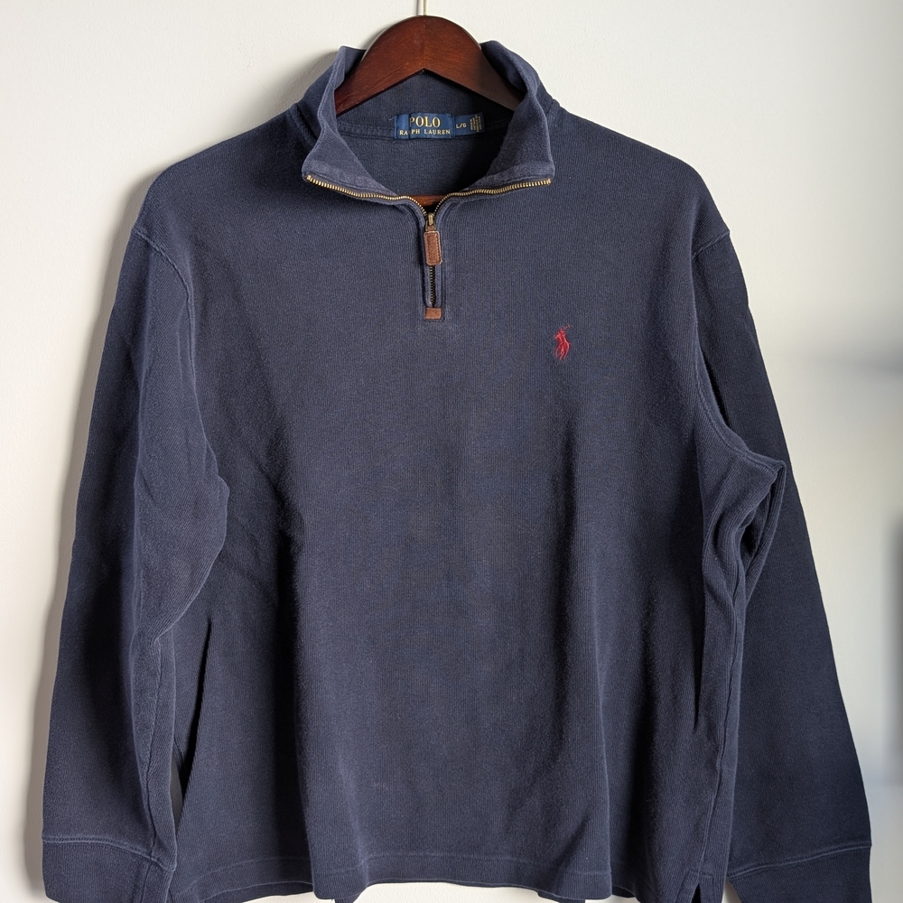 Polo Ralph Lauren 1/4 Zip Pullover Sweater Mens Large Navy Blue Cotton Ribbed
